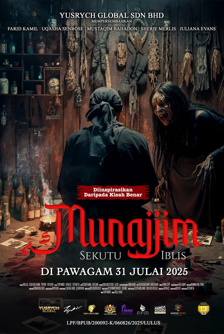 Munajjim Sekutu Iblis Movie Poster, distributed by TGV Pictures and Yusrych Global Sdn Bhd