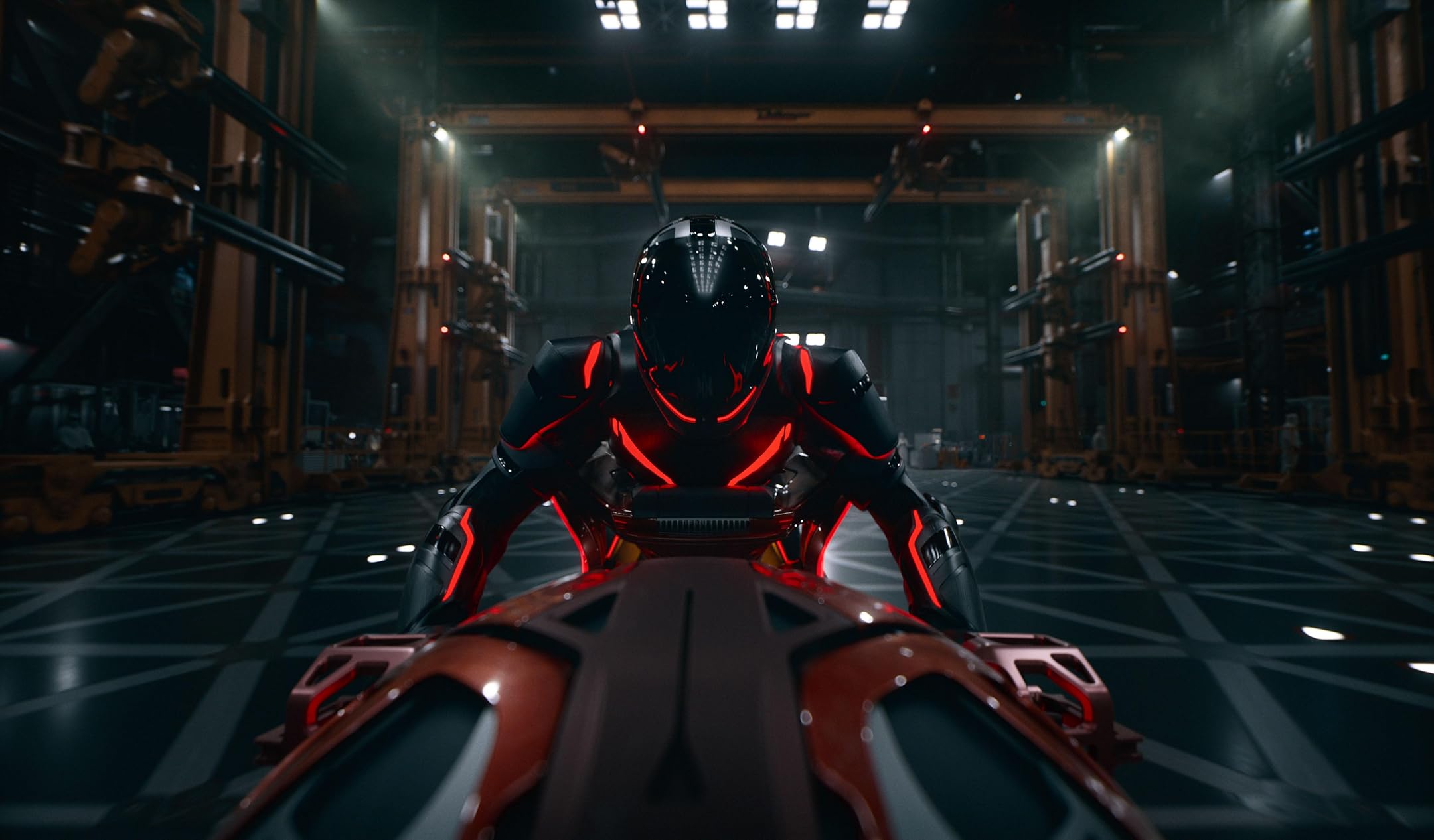Tron movie scene featuring a rider in a black suit with glowing red neon lines, leaning over a futuristic Tron light cycle inside a massive hangar, ready for a high-speed Tron action sequence.
